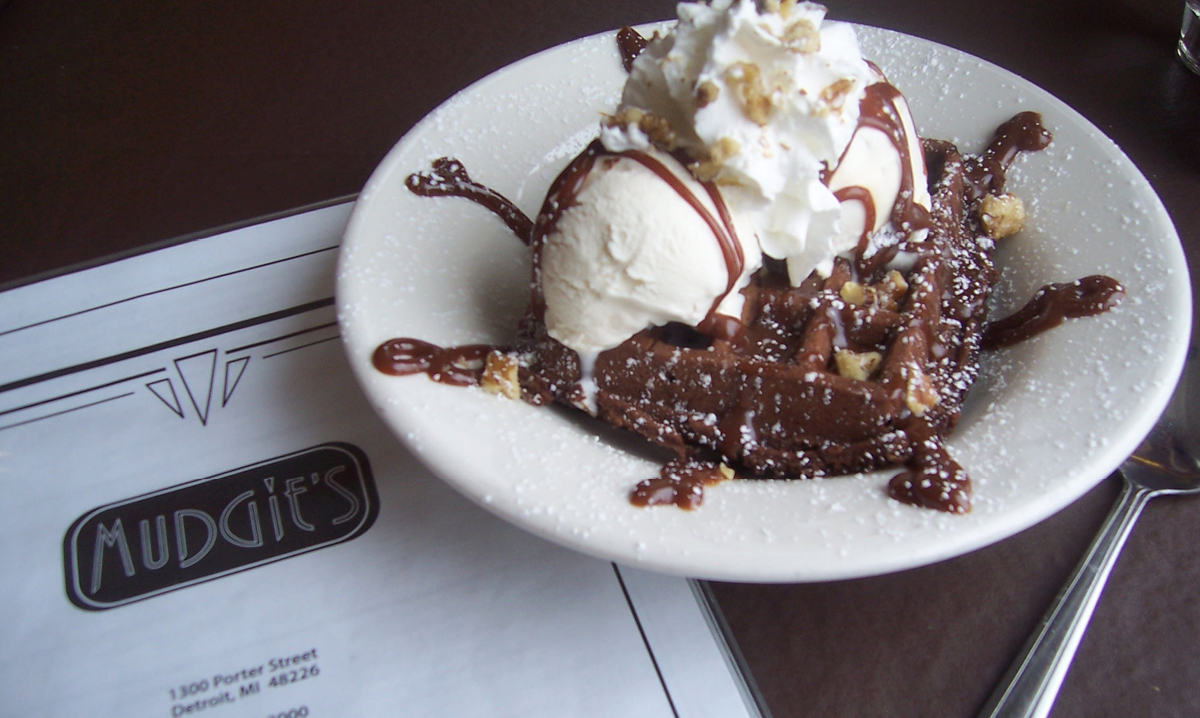 Iron waffle brownie delight by Mudgie's Deli in Detroit