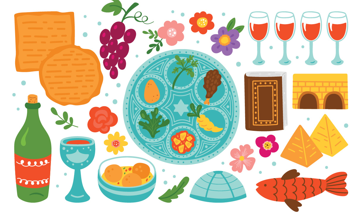 Illustrations of traditional Passover items