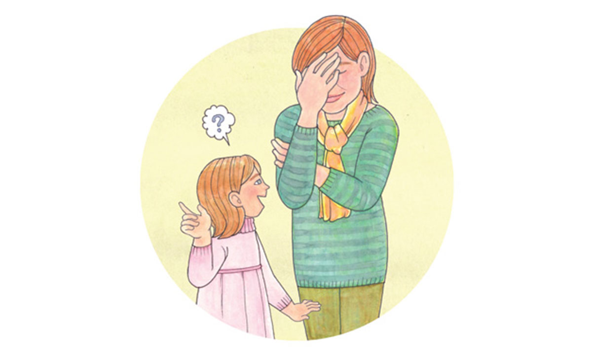 Illustration of woman with her head in her hand and daughter talking