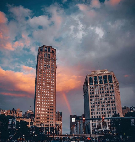 Buildings in detroit on a cloudy sky
