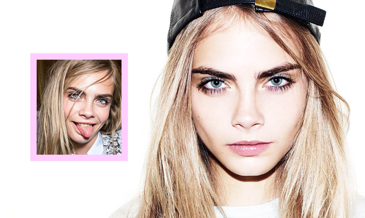 Two pictures of one girl. One with a serious face and the other with a silly face