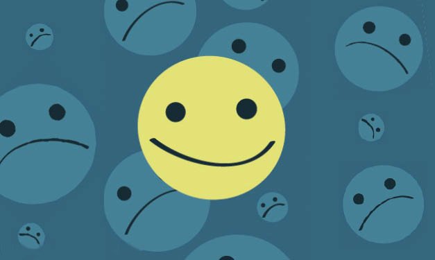 Illustration of a yellow smiling face on a blue background full of other faces