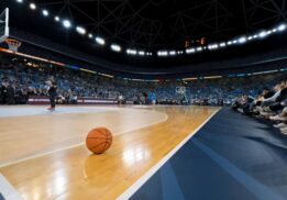 A basketball sits on the court at a packed arena, with fans watching and players warming up before the game.