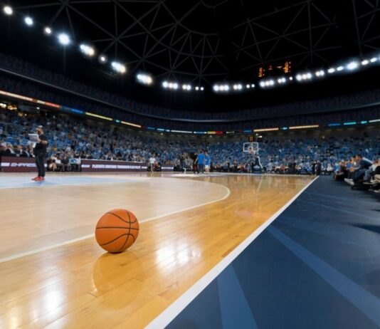 Harlem Globetrotters 100 Year Tour at Little Caesars Arena A basketball sits on the court at a packed arena, with fans watching and players warming up before the game.