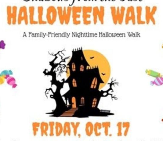 Poster for Halloween Walk Shadows from the Past at Greenmead Historical Park in Livonia featuring a haunted house and candy illustrations