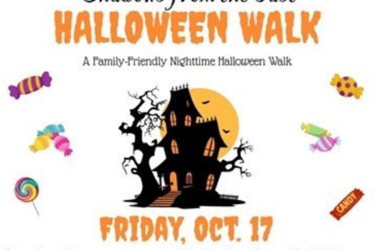 Poster for Halloween Walk Shadows from the Past at Greenmead Historical Park in Livonia featuring a haunted house and candy illustrations