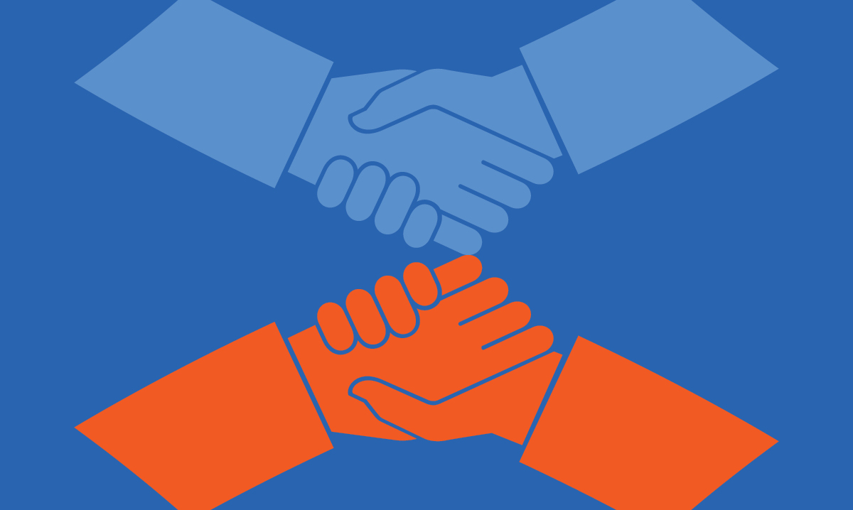 Two sets of blue and red hands shake on a blue background