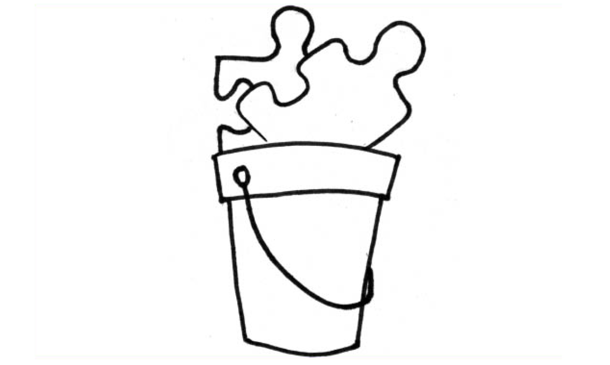 Illustration of puzzle pieces in a bucket
