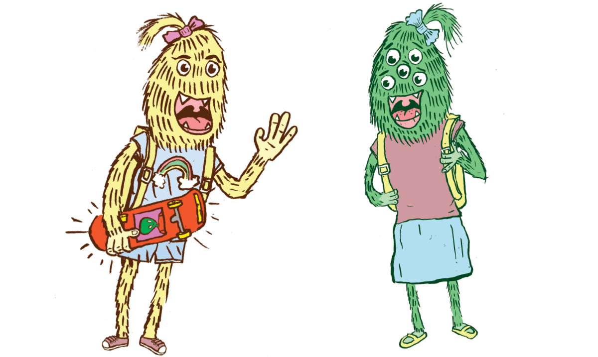 A green monster is jealous of a yellow monster's skateboard