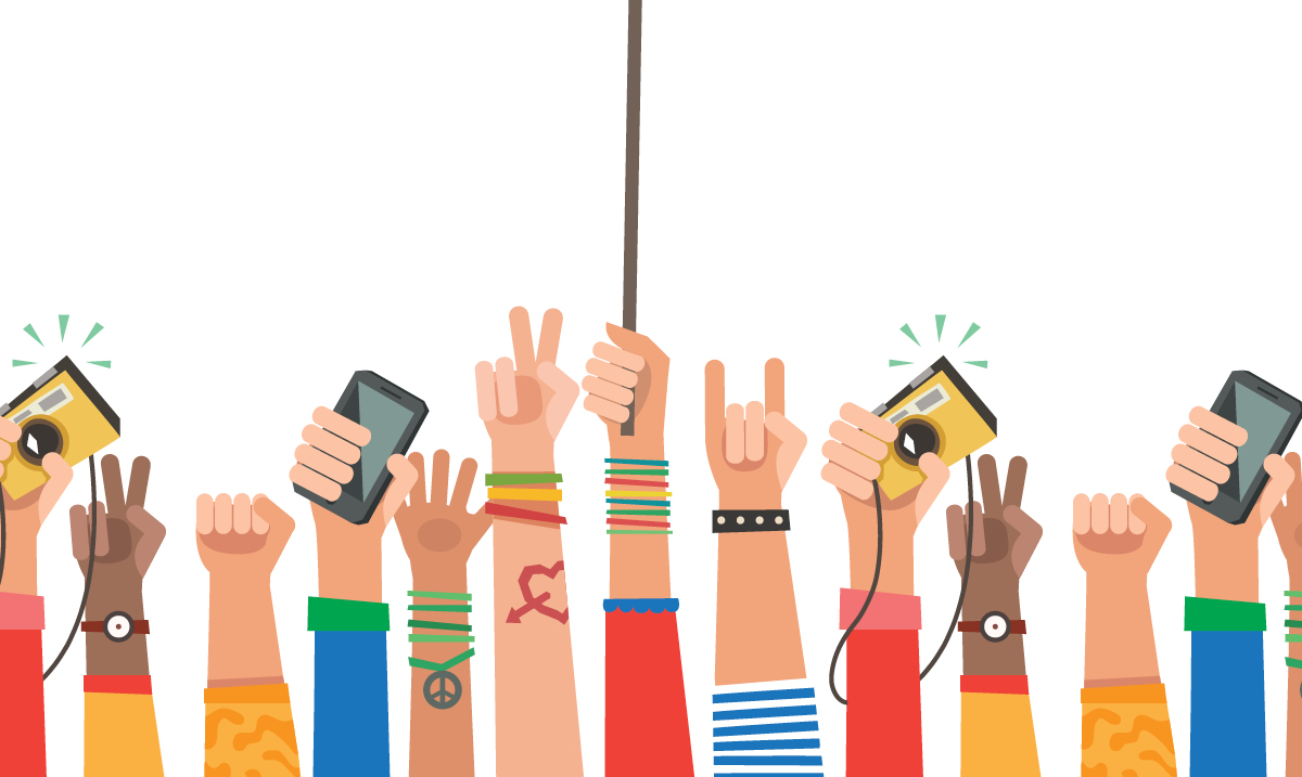 Illustration of hands at a concert on a white background