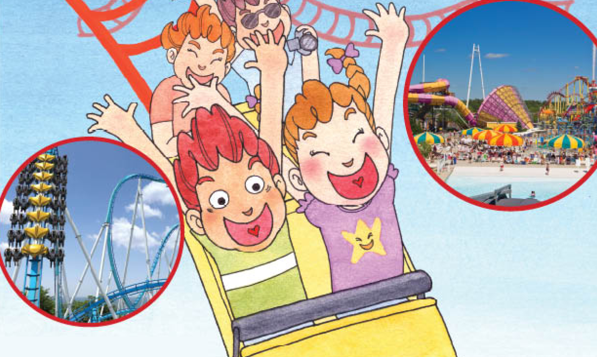 Drawing of two kids on a roller coaster. Real park images in circles