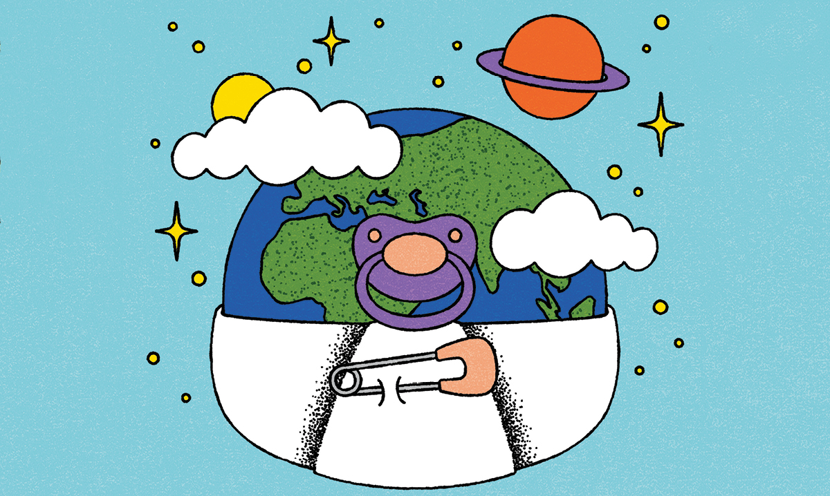 The globe in a diaper with a pacifier