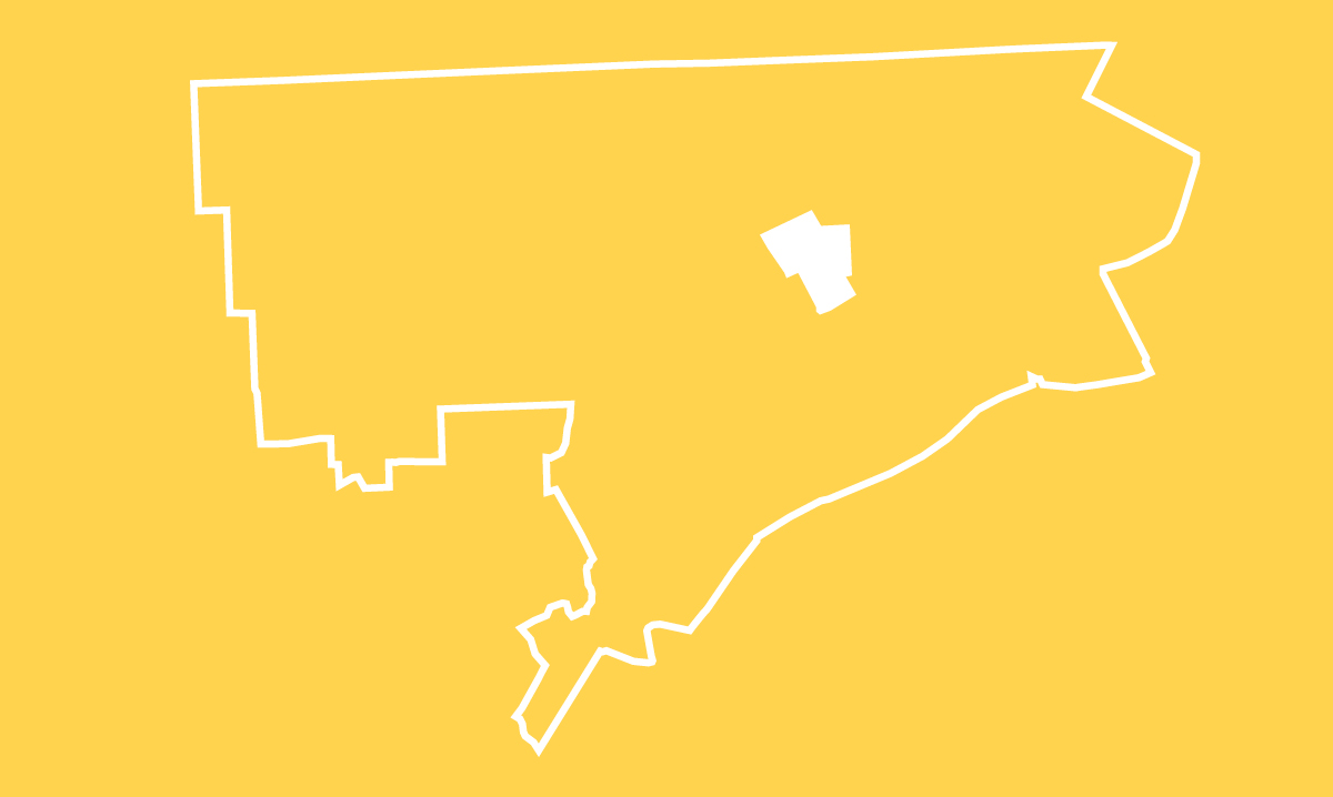 A white outline of Hamtramck on a yellow background