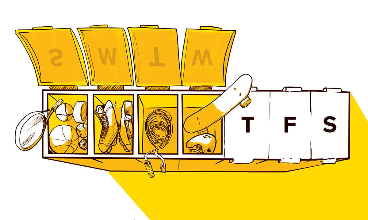Illustration of children's toys in a pill organizer