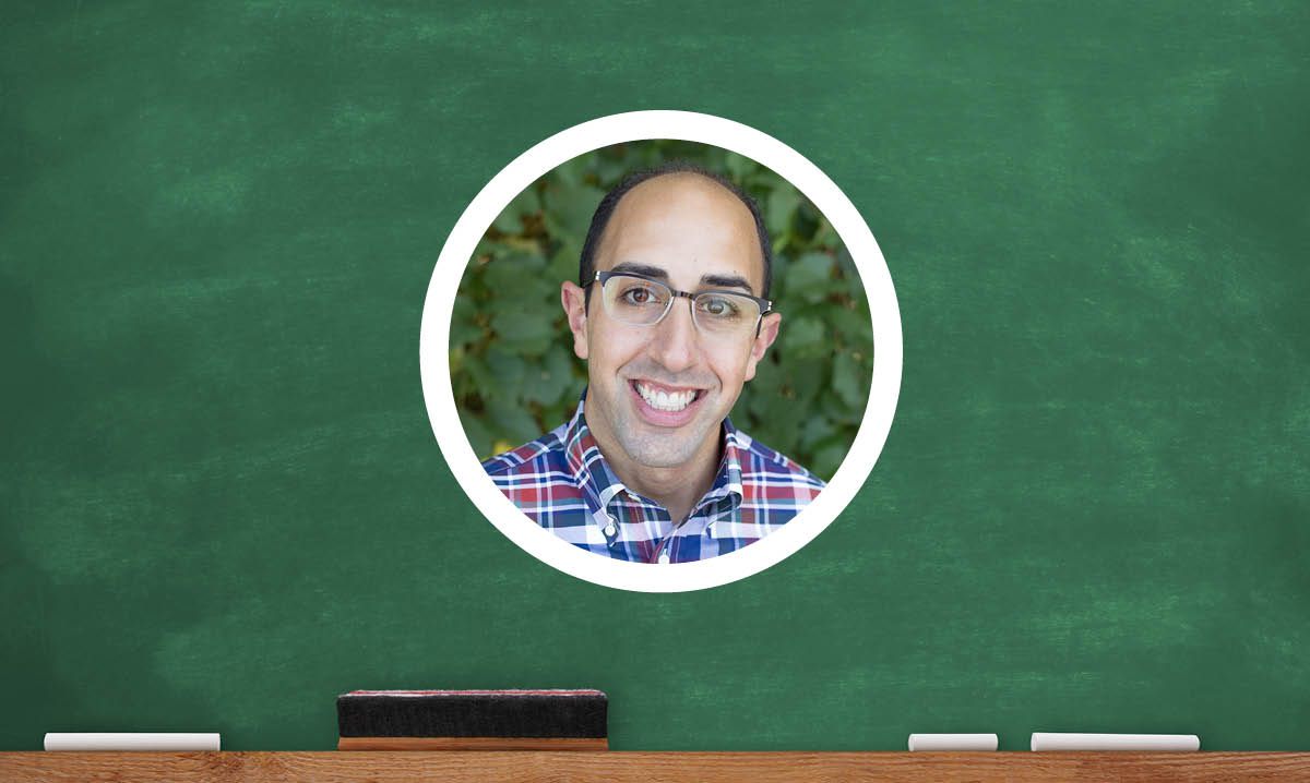 Picture of Gary Abud laid over the image of a chalkboard