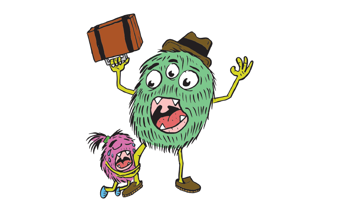 illustration of a pink baby monster holding onto green monster's leg