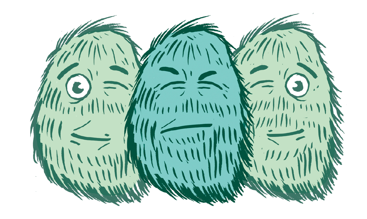 A drawing of three monsters in various winking stages