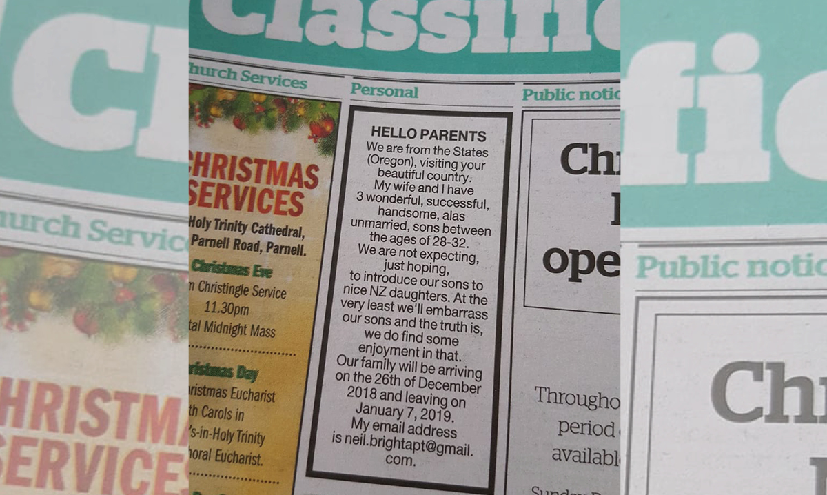 Oregon dad places New Zealand dating ad for three adult sons