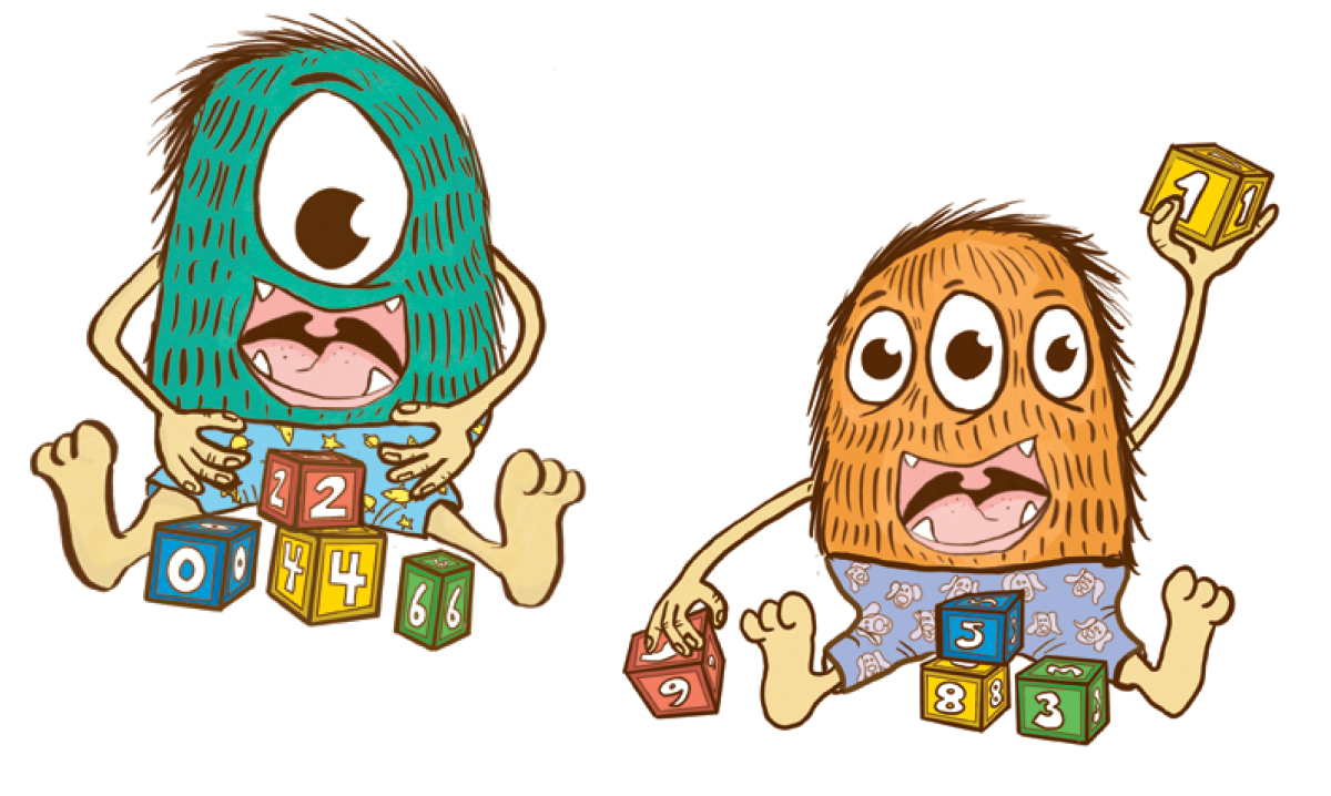 Two green baby monsters playing next to one another