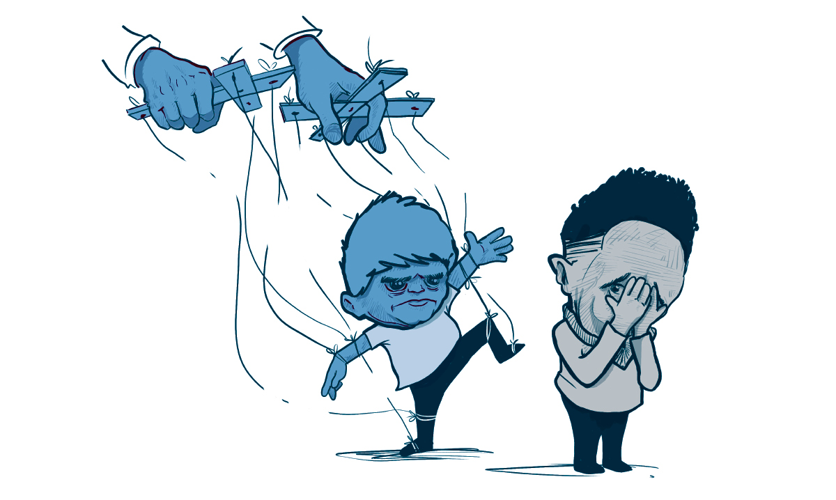 Illustration of child puppet stomping toward crying child