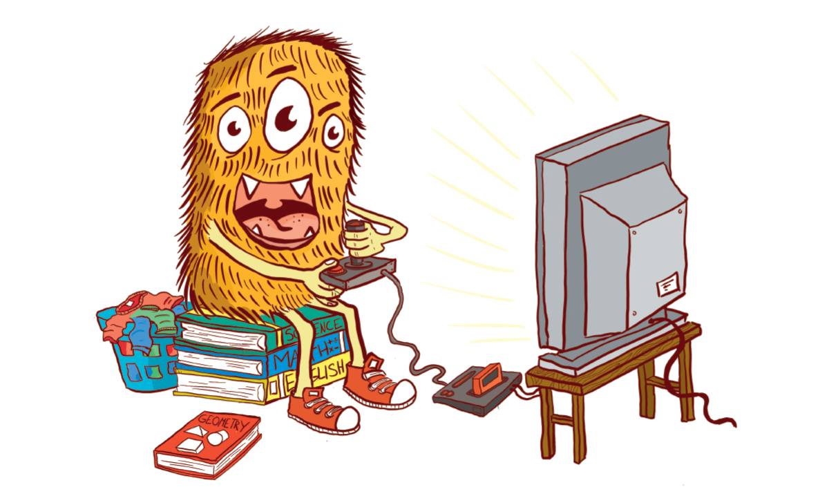 Illustration of a monster playing a video game