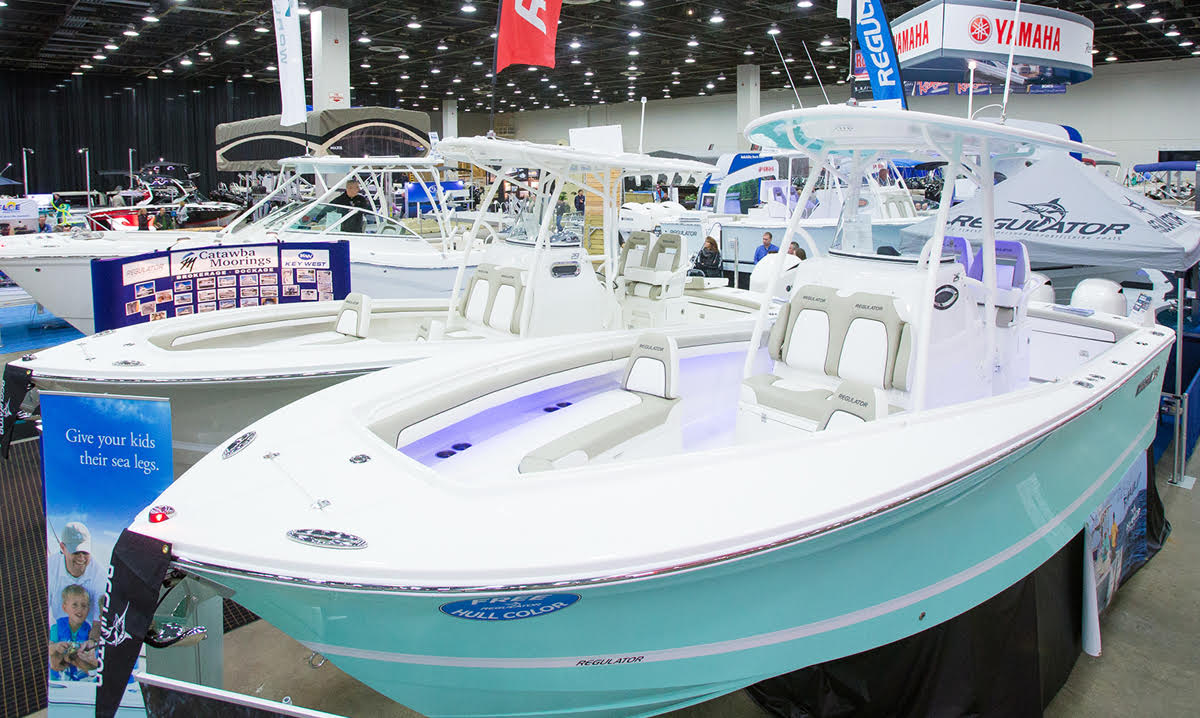 Boat on display at the Detroit boat show