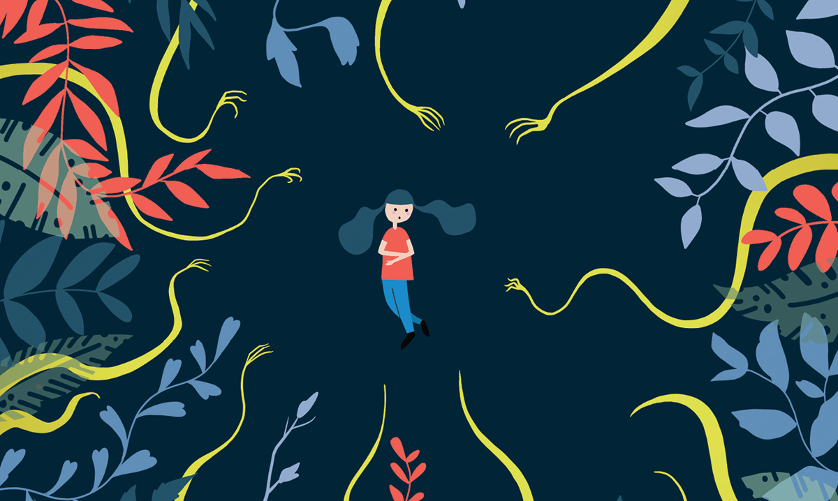 A young girl surrounded by a forest-like tangle of vines