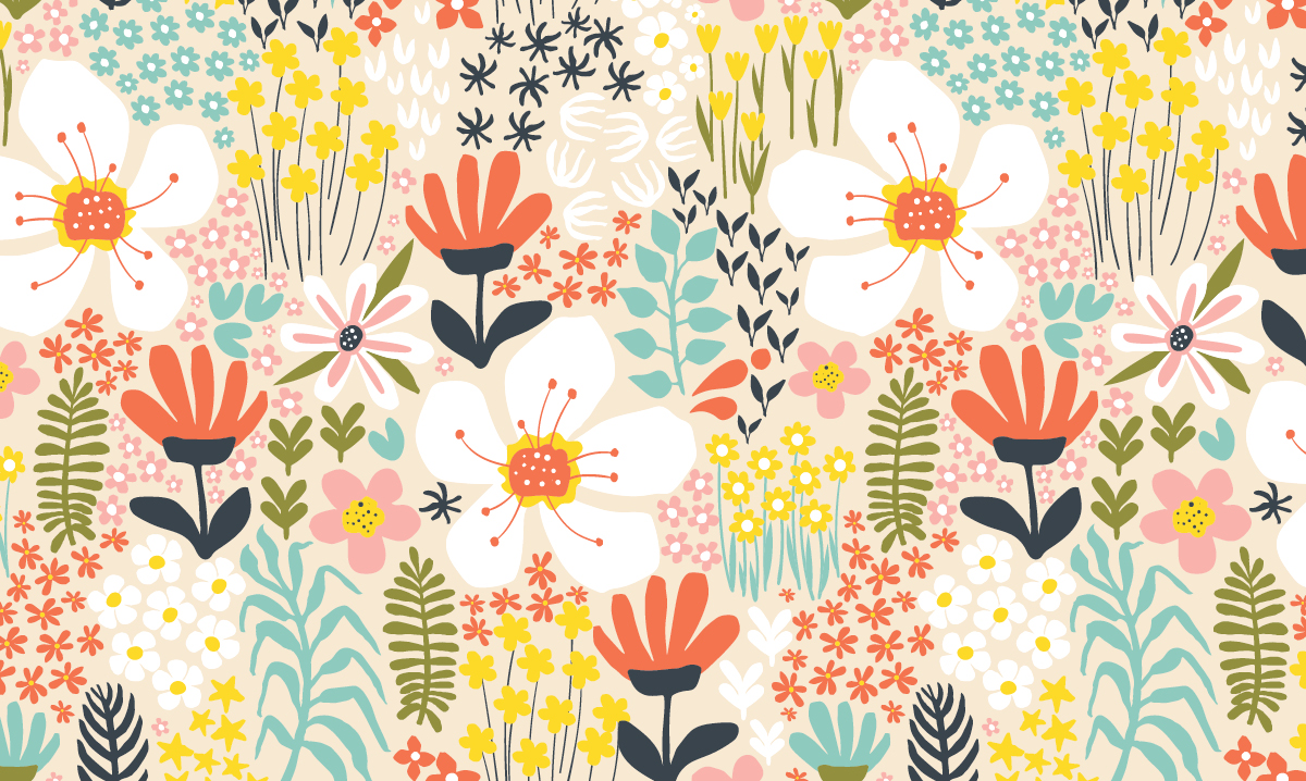 Flower illustration full of different orange, yellow, teal and white flowers