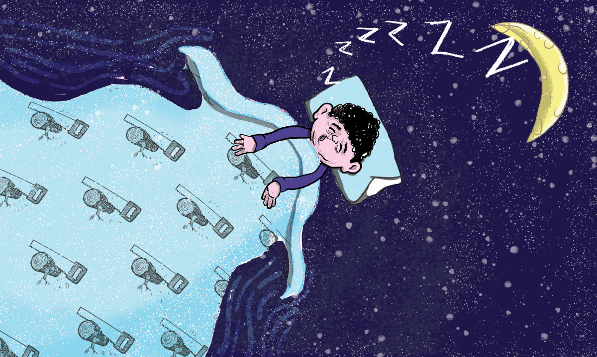 A sleeping boy asleep under a bedspread with a sawing logs theme