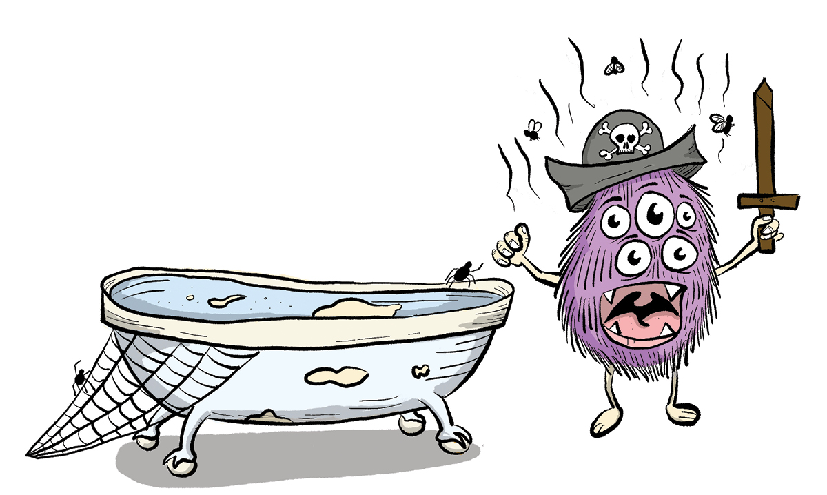 A stinky pirate monster conquers a spiderweb covered tub
