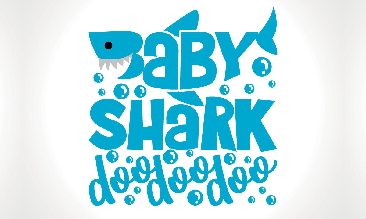 A cartoon image of a shark surrounded by bubbles and 'baby shark' lyrics
