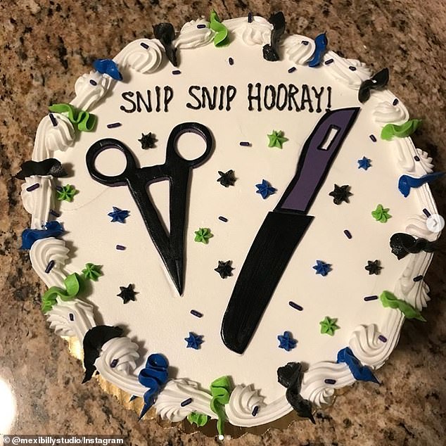 White, blue and green vasectomy cake that says snip snip hooray