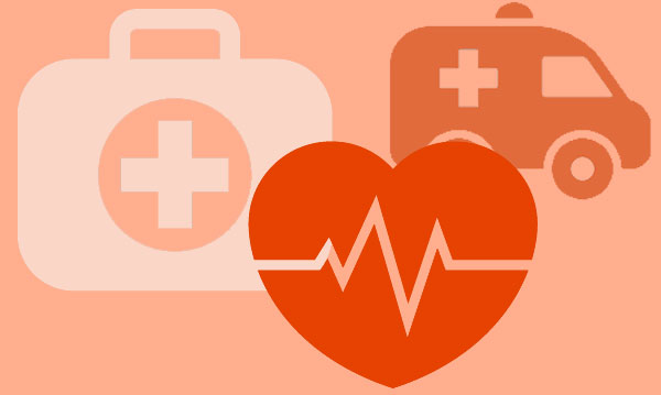 Illustrations of an ambulance, first aid kit and heart on a pink background