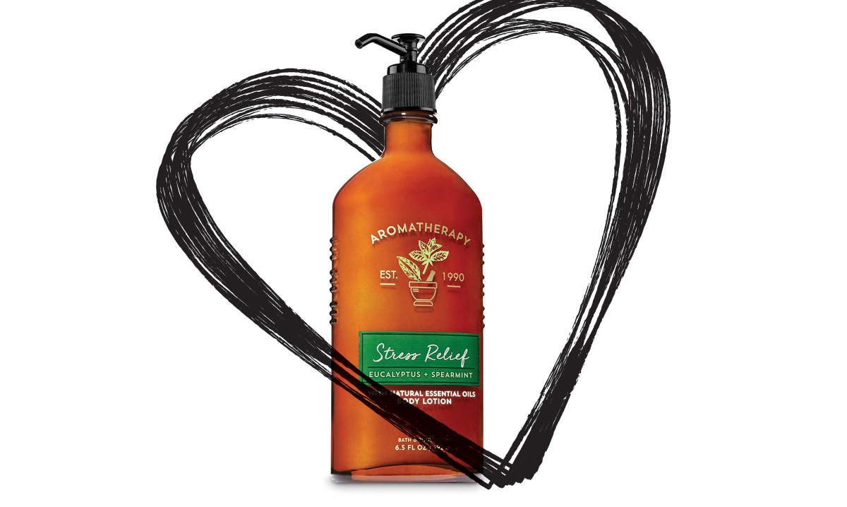 Bath & Body Works Aromatherapy Stress Relief Eucalyptus + Spearmint Body Lotion with a heart around it