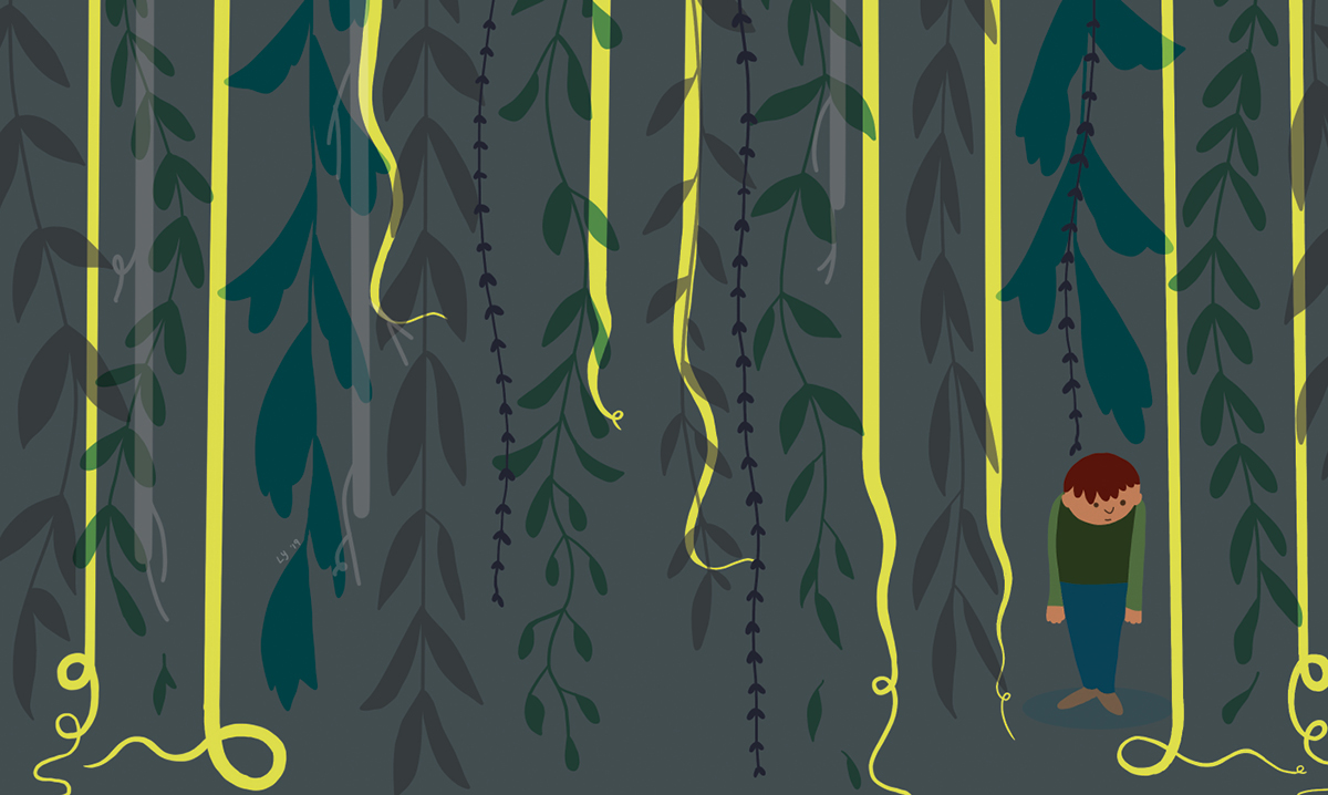 A sad small boy surrounded by vines