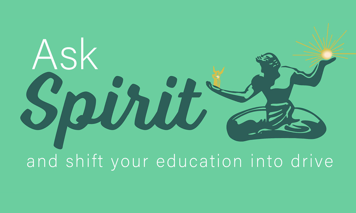 Ask Spirit, the logo for DetroitEd411 featuring an image of the Spirit of Detroit