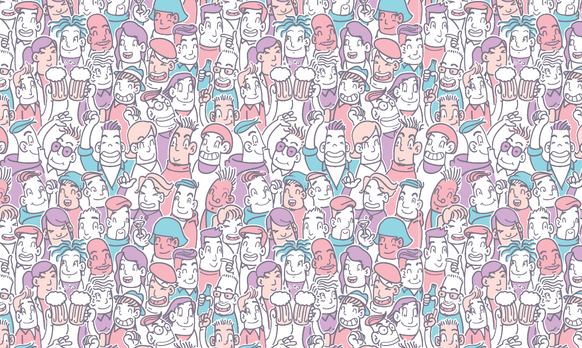 Pink, blue and purple illustration of people drinking