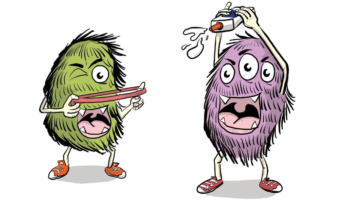 Green monster with a rubber band and purple monster with glue