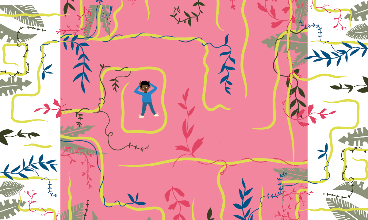 A child with ADHD caught in a maze of vines and thoughts