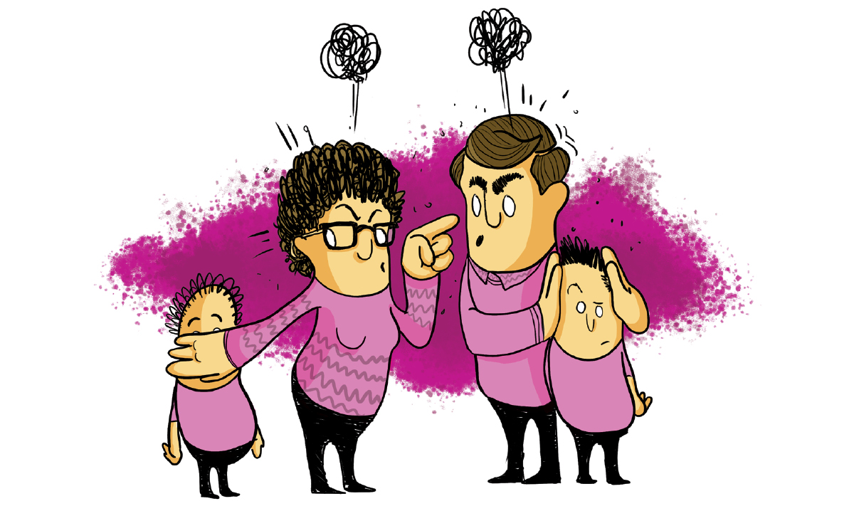 A mom and dad yelling at each other trying to block their kids' ears and eyes