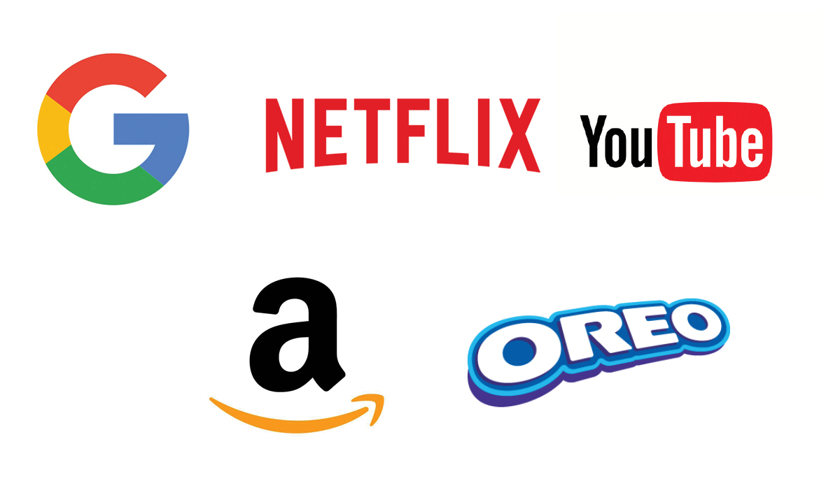 Logos for Google, Netflix, YouTube, Amazon and Oreo