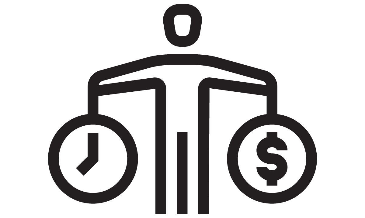 Figure holds clock in one hand, dollar sign in circle in the other