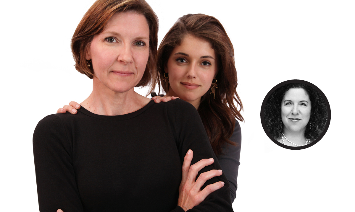 Teen girl stands behind her mother. Author image in circle.