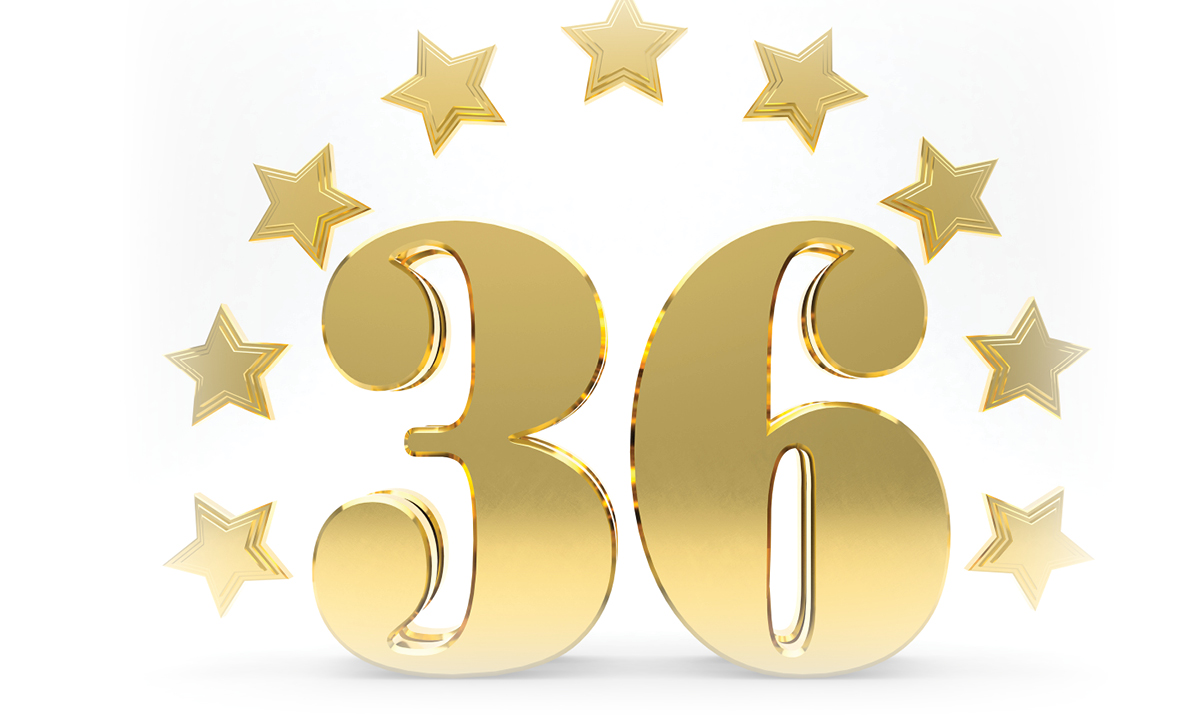 A golden number 36 surrounded by a semi-circle of stars