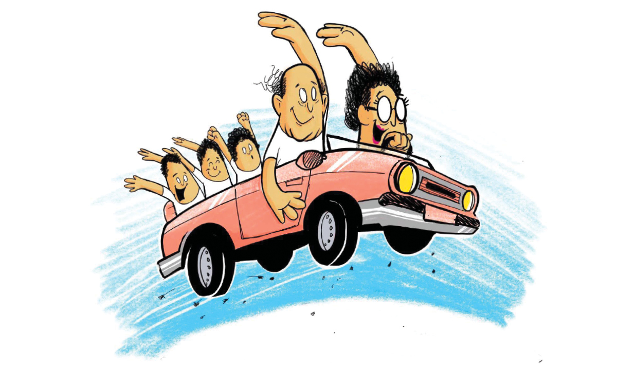 ‘Gramping’ is a Growing Family Vacation Trend Illustration of an older couple in a car with three kids