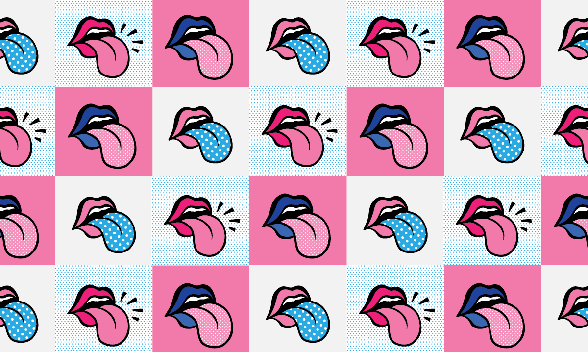 Multiple color tongues on a checkerboard background