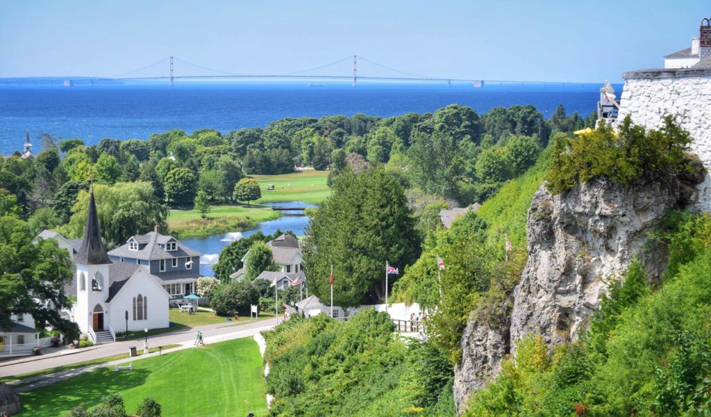 Mackinac Island view of fort and bridge