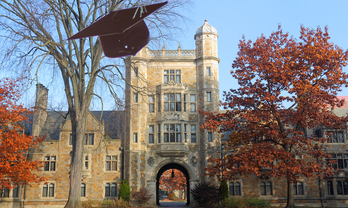 Graduation cap on the top of a University of Michigan building