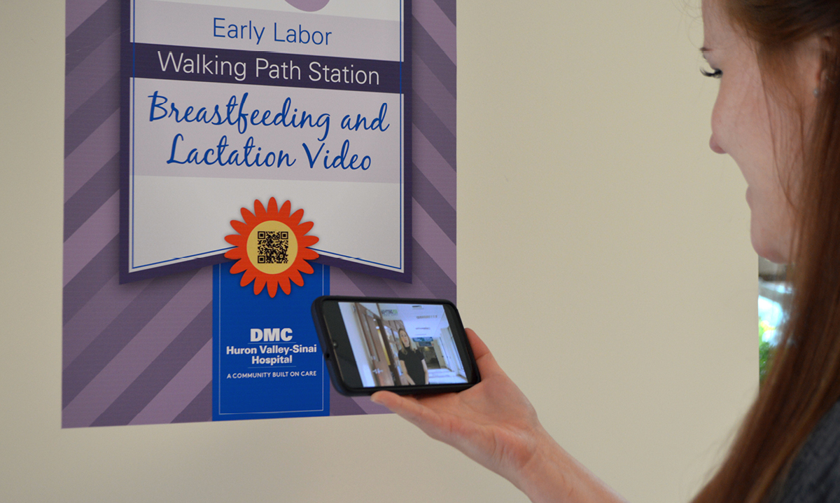 A mom visits the lactation station on the DMC Huron Valley-Sinai Hospital early labor walking path