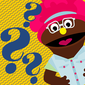 Izzy near question marks for the virtual camp quizzes